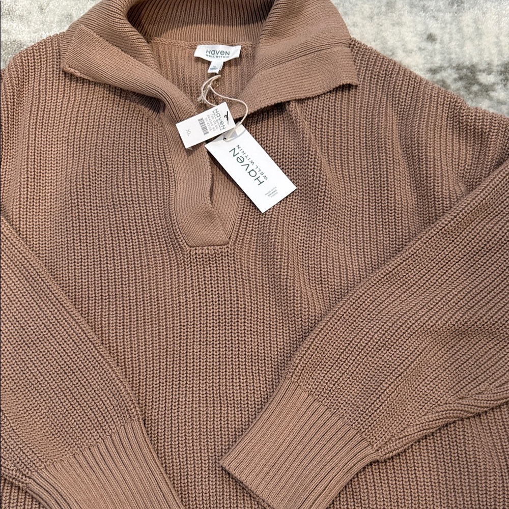 NWT Haven Well Within Taupe Knit collared cotton Sweater size XL